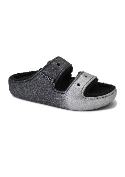 1 - CROCS CLASSIC 208124 cozzy glitter nero argento ciabatte donna gomma zeppa pelo