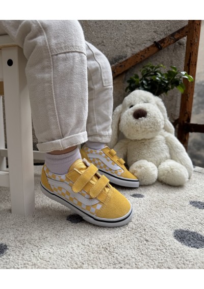 2 - VANS OLD SKOOL V RCP1T1 color theory checkerboard giallo bianco bambino sneakers strappi scacchi