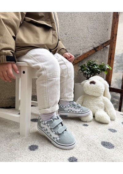 2 - VANS OLD SKOOL V RCEPO1 color theory checkerboard azzurro verde bambino sneakers strappi scacchi