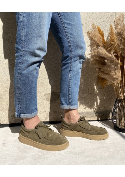 2 - CLARKS POLDEN MOC olive verde scarpe uomo mocassino lacci camoscio