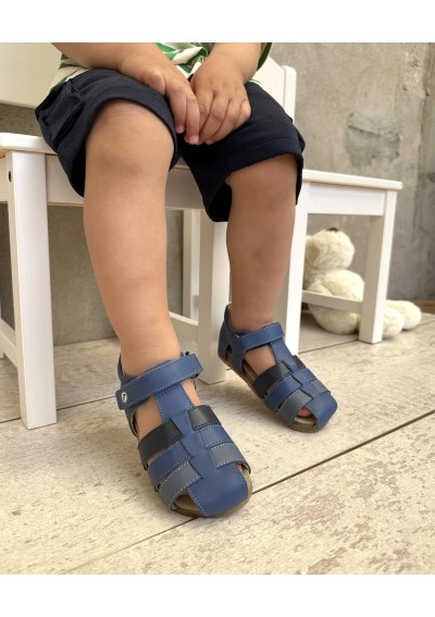2 - FALCOTTO ALBY 0736 azure navy celeste blu scarpe sandalo bambino tallone punta chiusa pelle strappo