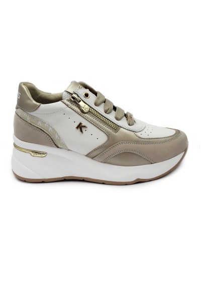 1 - KEYS 10591 beige avorio bianco scarpe sneakers donna lacci zeppa zip
