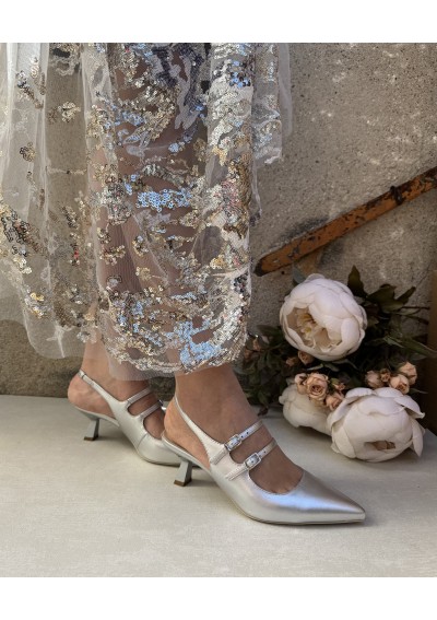 2 - NERO GIARDINI 12253 argento scarpe donna decolletè tacco sling back cinturino punta