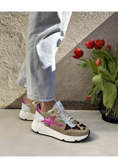 2 - DIVINE FOLLIE PIERA beige maculato oro scarpe donna sneakers lacci pelle cavallino glitter