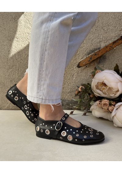 2 - RICCIANERA JAIME nero scarpe donna ballerina cinturino pelle borchie