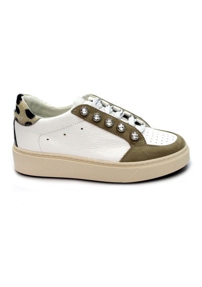 1 - DIVINE FOLLIE RALLY beige dalmata maculato bianco scarpe donna sneakers lacci pelle cavallino strass