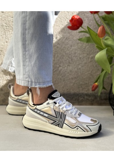 2 - KAOTICO AQ003 DETROIT tech gold bianco oro scarpe donna sneakers lacci pelle