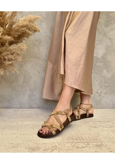 2 - INUOVO D51007 tan cuoio sandali donna incrocio cinturino fibbia borchie pelle