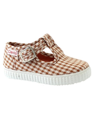 1 - CIENTA 51052 teja rosso scarpe bambina bebè tessuto bottone finta fibbia quadri